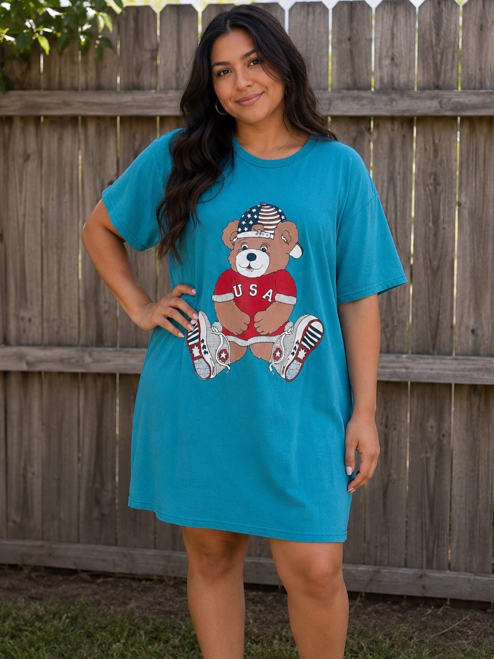 80s Hang Around Patriotic Teddy Bear Turquoise Blue T-Shirt Dress OSFM
